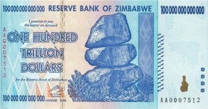 Hundred-Trillion Zimbabwean Dollar Bill